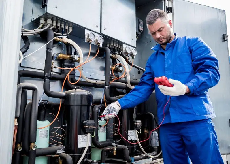 Air conditioning professional conducting tests on a commerical hvac unit