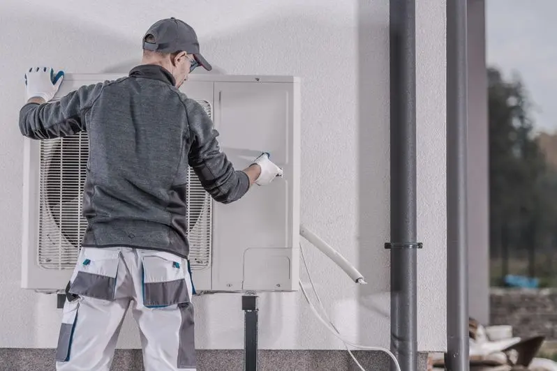 Professional HVAC repair on a heat pump