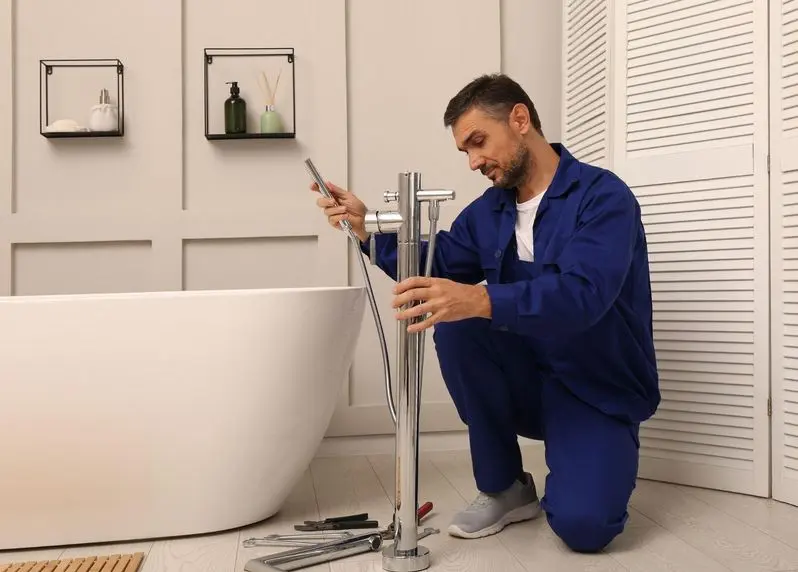 Professional plumber from Christianson AC&P installing an eco friendly bath tub