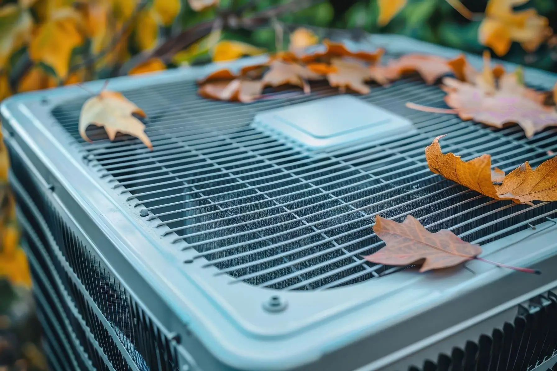 Outdoor AC unit covered in leaves