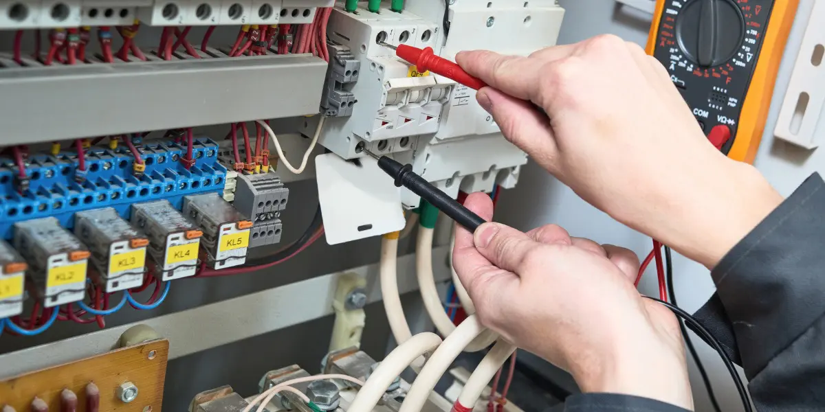 Hands using a multimeter on electrical wiring, illustrating electrical service expertise for System Wide Services' handyman and electrical solutions.