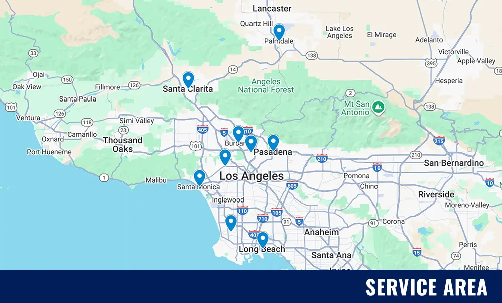 Map highlighting the service area of System Wide Services, showcasing locations in Los Angeles County including Santa Clarita, Pasadena, and Long Beach, with emphasis on plumbing, electrical, and handyman services.
