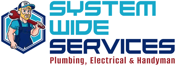 System Wide Services logo featuring a cartoon plumber holding a wrench, emphasizing plumbing services and customer support.