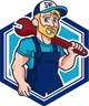 Plumber character logo for System Wide Services, featuring a man in blue shirt and overalls holding a wrench, representing plumbing expertise and reliable service.