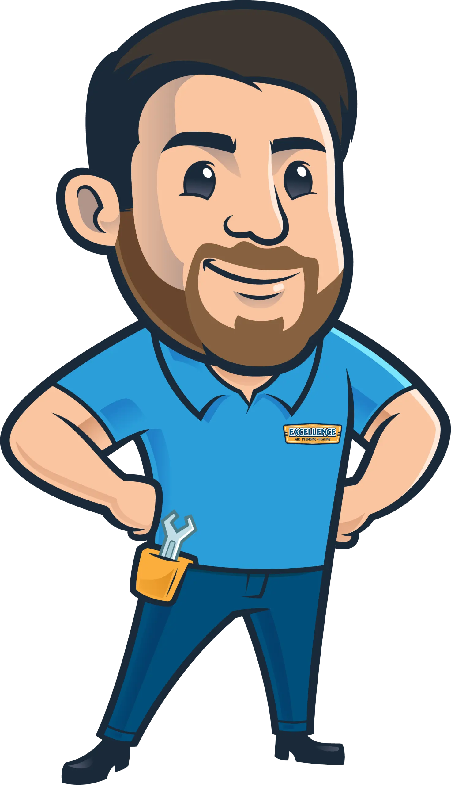 Cartoon mascot of a technician in blue uniform with a wrench in pocket, representing Excellence Air & Plumbing services.