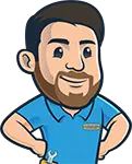 Cartoon mascot representing Excellence Air & Plumbing, smiling with a wrench in hand, wearing a blue shirt with a logo, symbolizing HVAC and plumbing services.