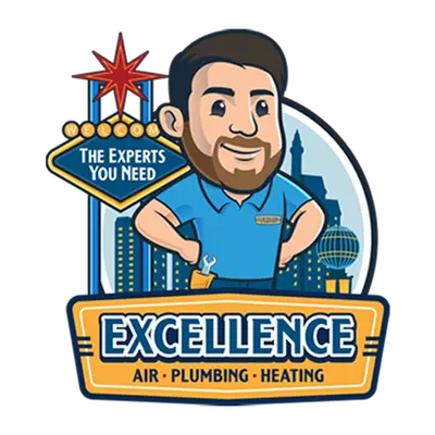Cartoon-style character representing Excellence Air & Plumbing, smiling with tools, featuring the brand name "EXCELLENCE" and the tagline "The Experts You Need".