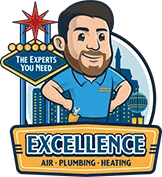 Cartoon character representing Excellence Air & Plumbing, smiling in a blue shirt, with the text "The Experts You Need" and a city skyline background, symbolizing HVAC and plumbing services.