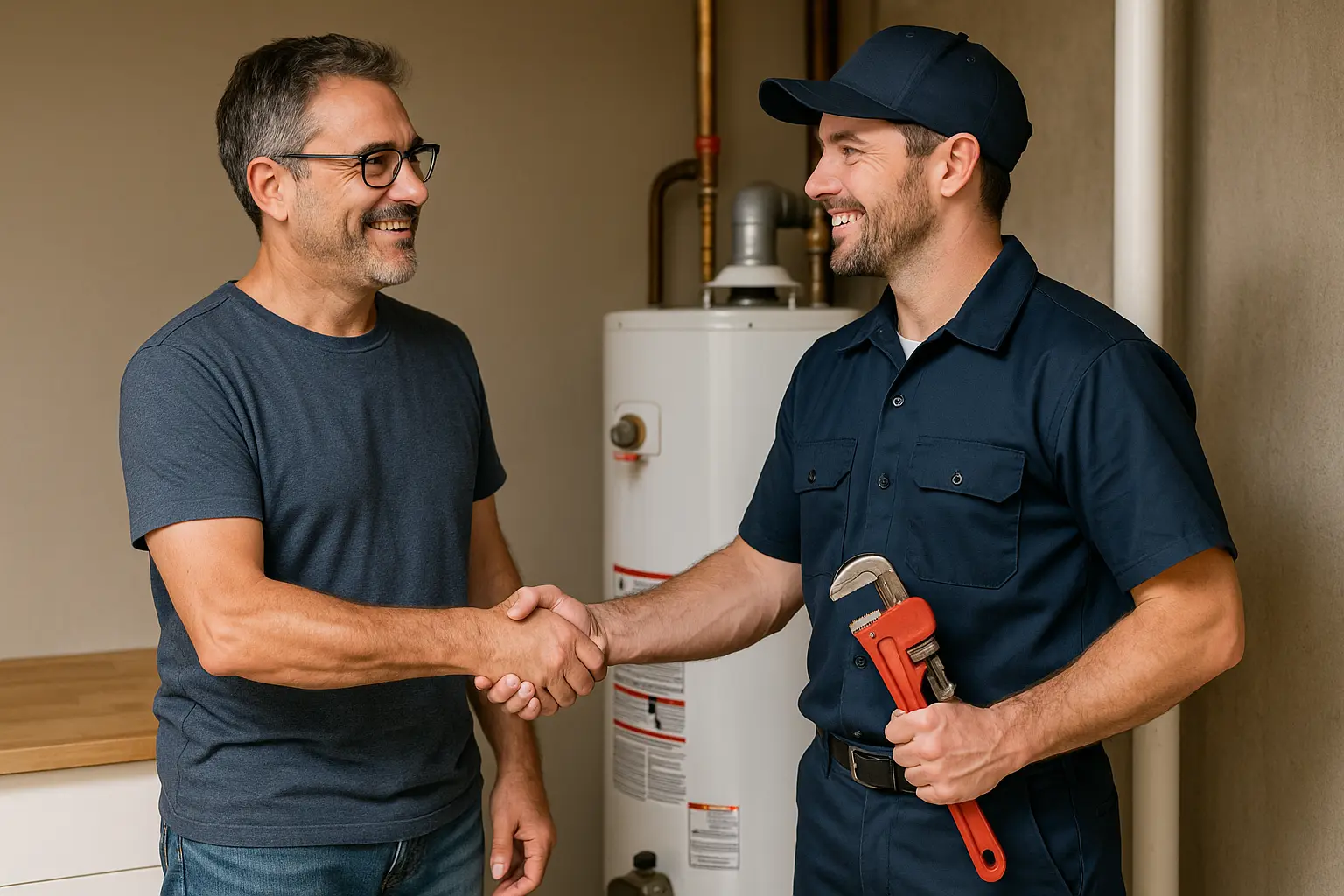 Homeowner in Bethlehem CT shaking hands with a plumber after water heater repair