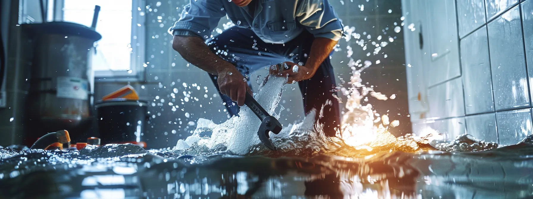 a plumber using a heavy-duty wrench to fix a burst pipe, surrounded by water gushing out in a residential basement.