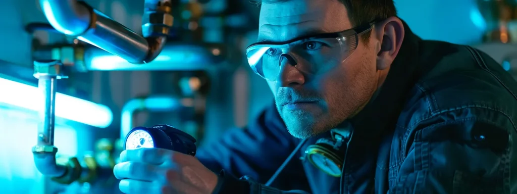 a confident plumbing inspector in a sleek, modern home basement, using high-tech tools to examine intricate piping systems under bright, focused led lights, highlighting the precision and professionalism of the inspection process.