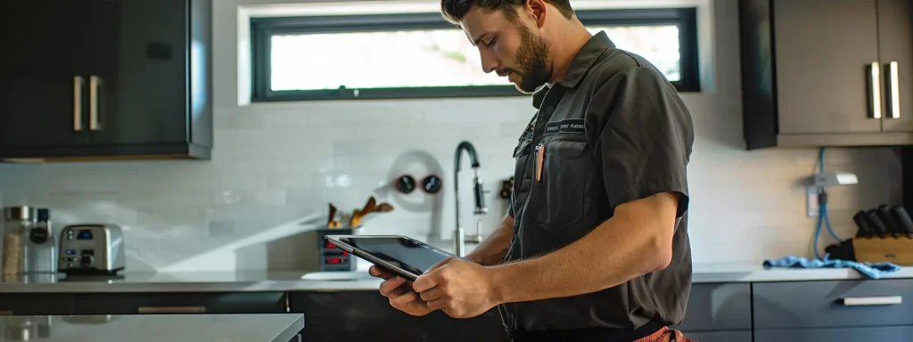 a focused view of a professional plumber conducting a thorough inspection in a modern home, equipped with advanced tools and a digital tablet displaying diagnostic data, set against a sleek, contemporary kitchen background.