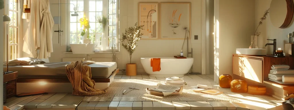 a meticulously organized home interior showcases a spacious, well-lit area with clear access to plumbing fixtures and documents neatly arranged on a nearby table, highlighting the importance of preparation for a plumbing inspection.