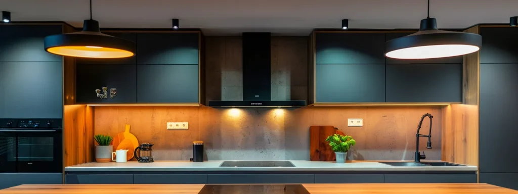 a modern, stylish kitchen with visible signs of plumbing issues, such as a subtle water stain on the ceiling, a dripping faucet, and pipes with condensation, illuminated by warm, overhead lighting to enhance the urgency of addressing these common problems.