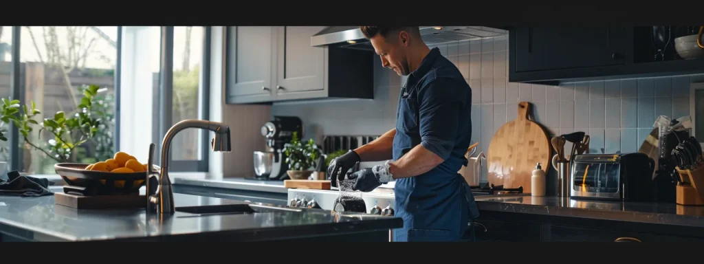 a pristine, modern kitchen featuring a professional plumber inspecting an elaborate system of pipes beneath the sink, showcasing the importance of routine plumbing inspections in maintaining a healthy home.