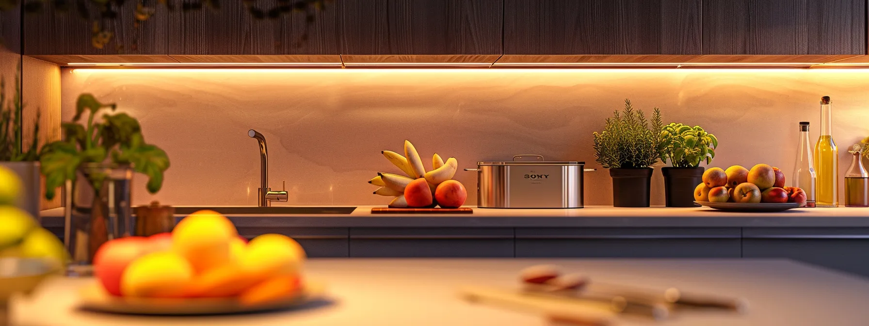 a sleek, modern kitchen is illuminated by soft overhead lighting, showcasing a gleaming stainless steel garbage disposal unit installed beneath a pristine countertop, with a vibrant array of fresh fruits and neatly organized utensils for an inviting, functional atmosphere.