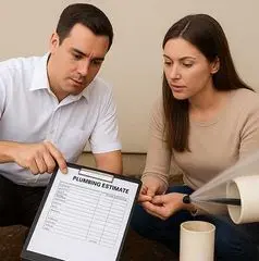Man and woman reviewing plumbing estimate with water leak in background, emphasizing Southside Plumbing's free estimates and reliable service in Springfield, NE.
