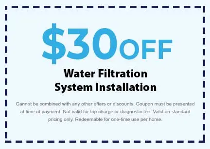 $30 off water filtration system installation coupon from Southside Plumbing, detailing terms and conditions for Omaha plumbing services.