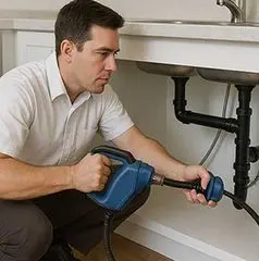 Plumber using a drain cleaning tool under a kitchen sink, demonstrating professional plumbing services in Springfield, NE.