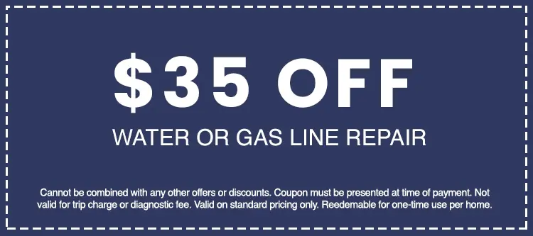 $35 off coupon for water or gas line repair, featuring terms and conditions for AAA Advanced Plumbing & Drain services.