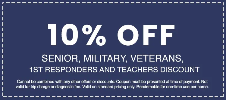 10% off coupon for seniors, military, veterans, first responders, and teachers from AAA Advanced Plumbing & Drain, with terms and conditions for plumbing service discounts.