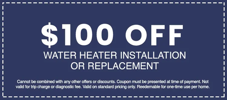 $100 off water heater installation or replacement coupon from AAA Advanced Plumbing & Drain, highlighting customer savings on plumbing services.