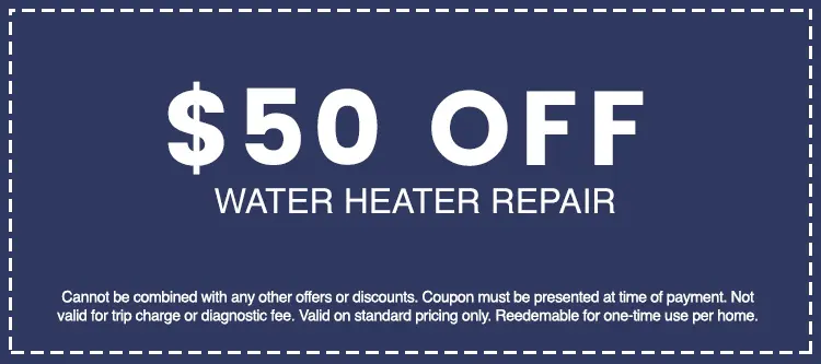 $50 off water heater repair coupon from AAA Advanced Plumbing & Drain, with terms and conditions for customer savings.