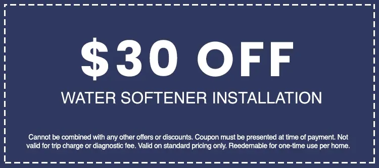 $30 off water softener installation coupon from AAA Advanced Plumbing & Drain, highlighting customer savings on plumbing services.