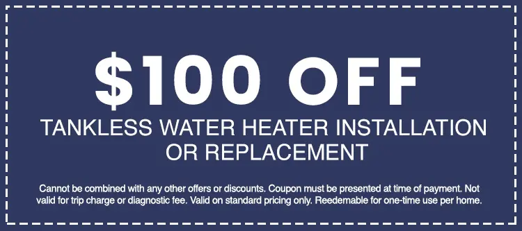 $100 off tankless water heater installation or replacement coupon from AAA Advanced Plumbing & Drain, featuring terms and conditions for customer savings.