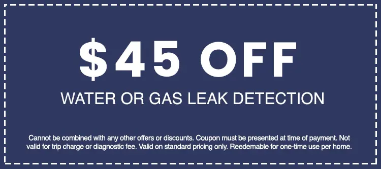 $45 off water or gas leak detection coupon from AAA Advanced Plumbing & Drain, highlighting promotional savings on plumbing services.