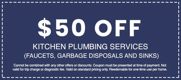 $50 off coupon for kitchen plumbing services including faucets, garbage disposals, and sinks, with terms and conditions for AAA Advanced Plumbing & Drain promotions.