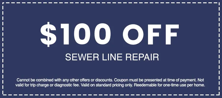 $100 off coupon for sewer line repair from AAA Advanced Plumbing & Drain, with terms and conditions for customer savings.
