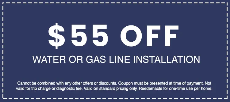 $55 off water or gas line installation coupon for AAA Advanced Plumbing & Drain, highlighting customer savings and promotional offer details.