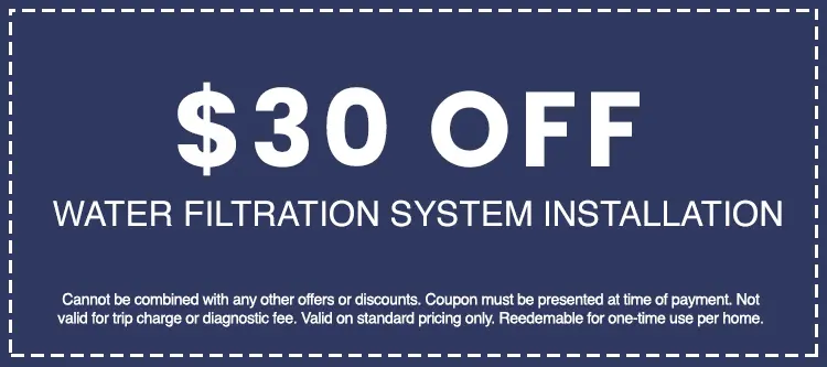 $30 off water filtration system installation coupon from AAA Advanced Plumbing & Drain, with terms and conditions for customer savings.