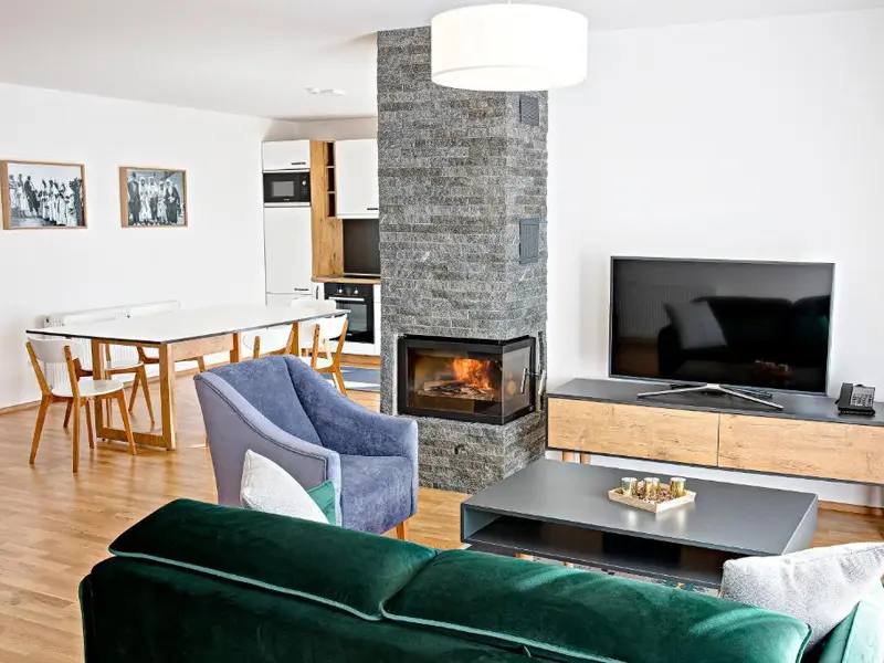 Dnevna soba apartmana u Tarčin Forest Resort & Spa Sarajevo hotelu sa kaminom od kamena, zelenim kaučem, sivom foteljom, TV-om i kuhinjom sa trpezarijom