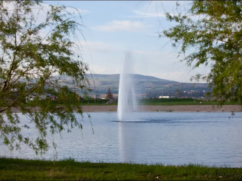 Fontana na jezeru u blizini Hotel AquaStar Danube sa vodenim mlazom, zelenim brezuljcima i plažom u pozadini