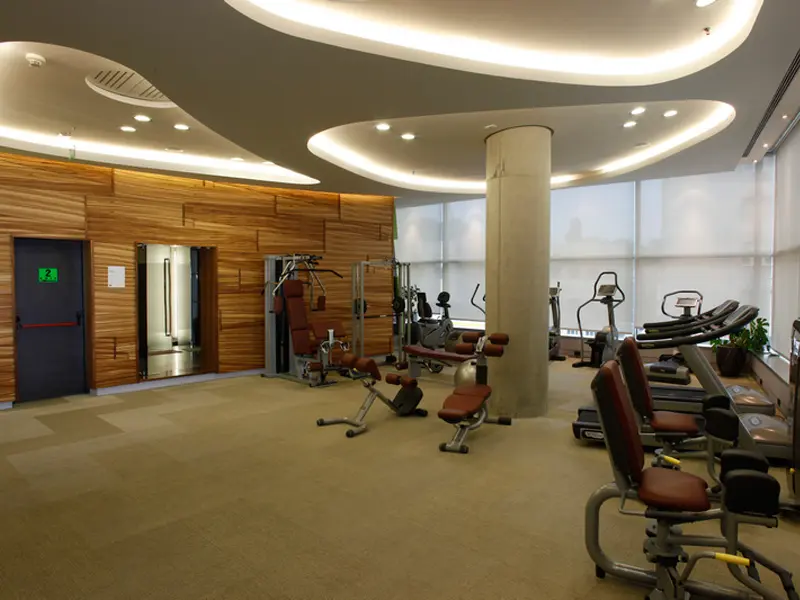 Fitnes centar u Hotel Zira Beograd sa multifunkcionalnim spravama, kardio opremom, dekorativnim drvenim zidom, betonskim stubom i panoramskim prozorima