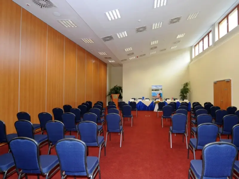 Konferencijska sala u Hunguest Hotel Pelion Superior sa plavim stolicama u teatar rasporedu, drvenim panelima i crvenim tepihom