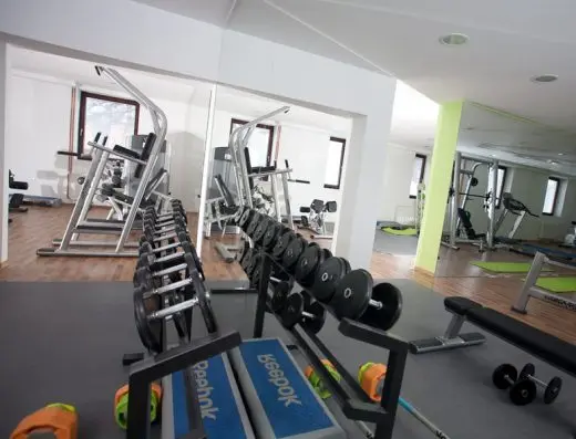 Fitnes sala u Hotel Palisad sa bučicama, stalkom za tegove, ogledalom i zelenim prostorom u pozadini