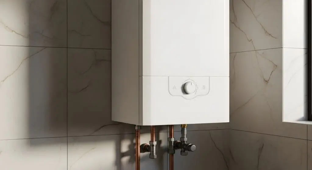 Modern Hot Water Tank System on a Marble Tiled Wall, Providing Efficient Home Heating