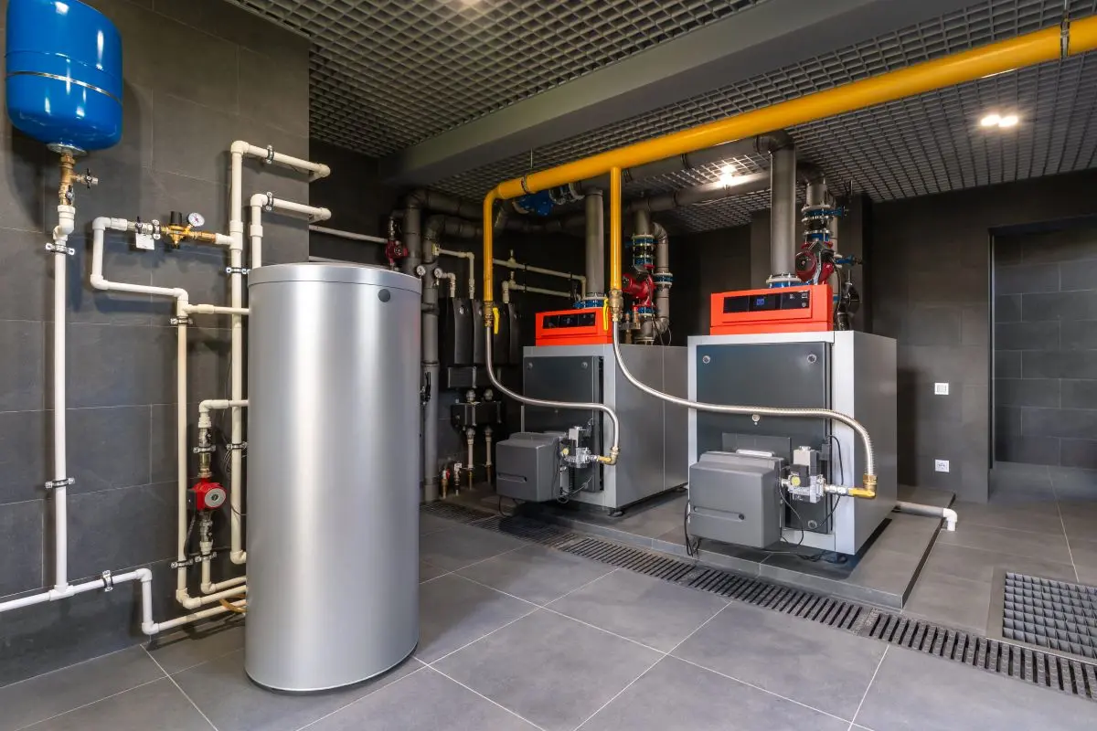 Two large boilers sit side by side in a utility room
