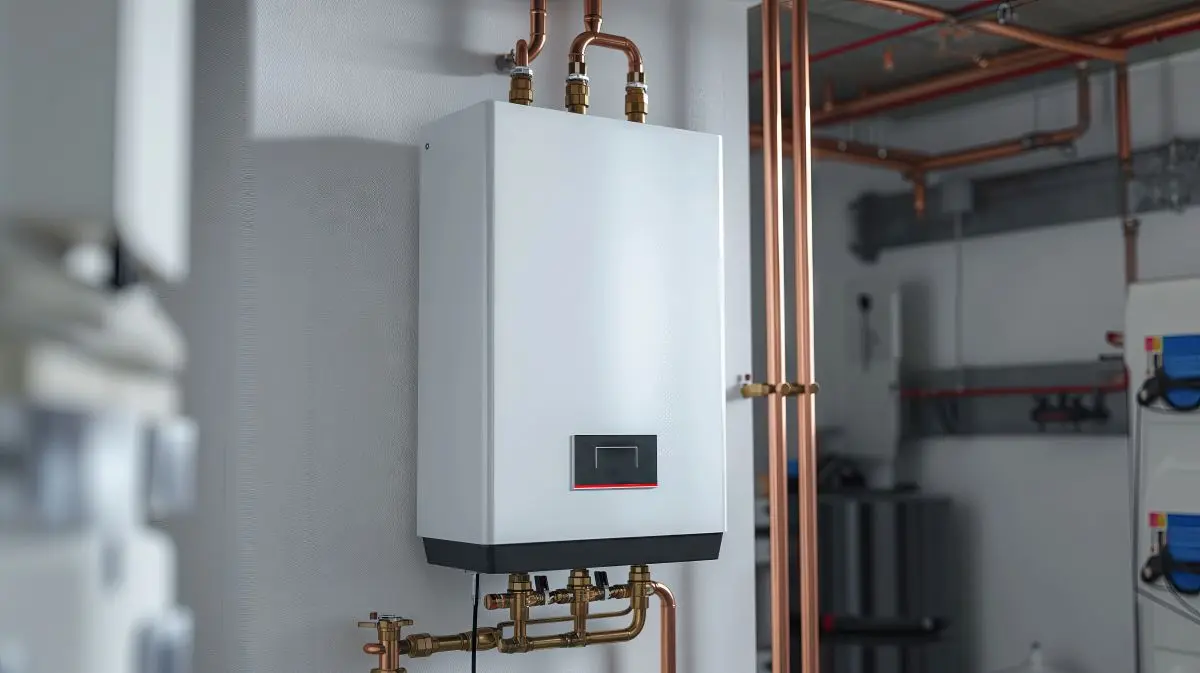 modern tankless water heater installed in a basement