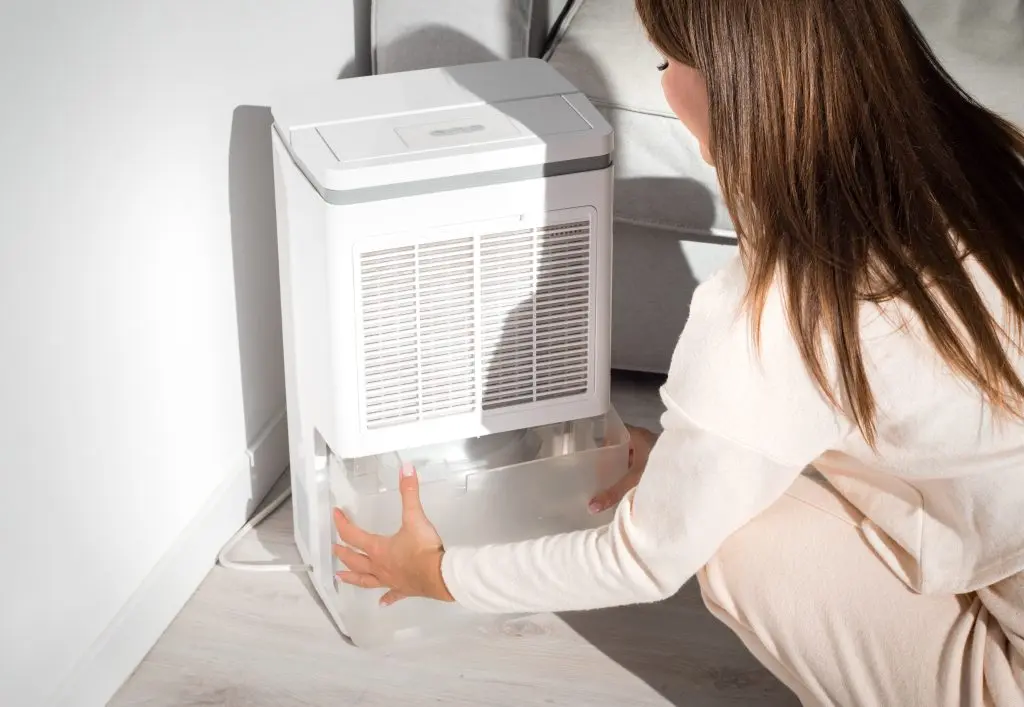 whole house dehumidifier Woman changing water container in air dryer, dehumidifier, humidity indicator. Humid air at home. Fresh air at home. High quality photo