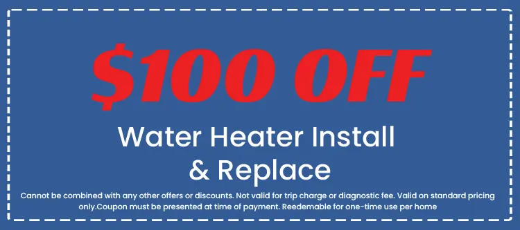 $100 off water heater installation and replacement coupon from Perry Electric, featuring terms and conditions for use.