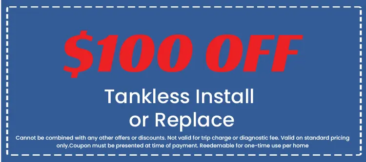 $100 off coupon for tankless installation or replacement, featuring terms and conditions for use, emphasizing affordability and special offers from Perry Electric.