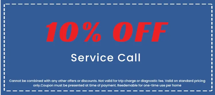 10% off service call coupon from Perry Electric, featuring bold red text on blue background, with terms and conditions for use.