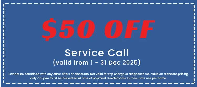 $50 off service call coupon from Perry Electric, valid December 2025, with terms and conditions for use.