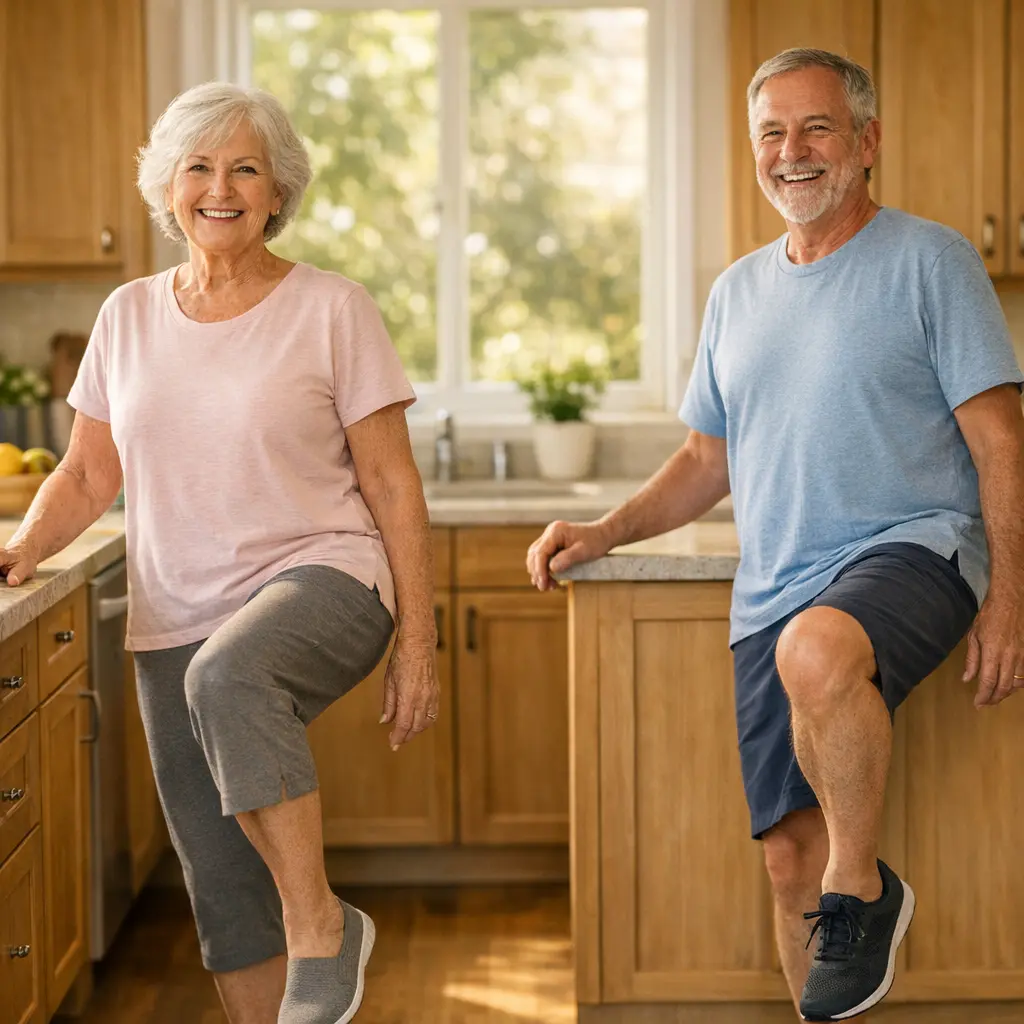 Bay Area seniors doing balance exercises for seniors while holding a kitchen counter for support