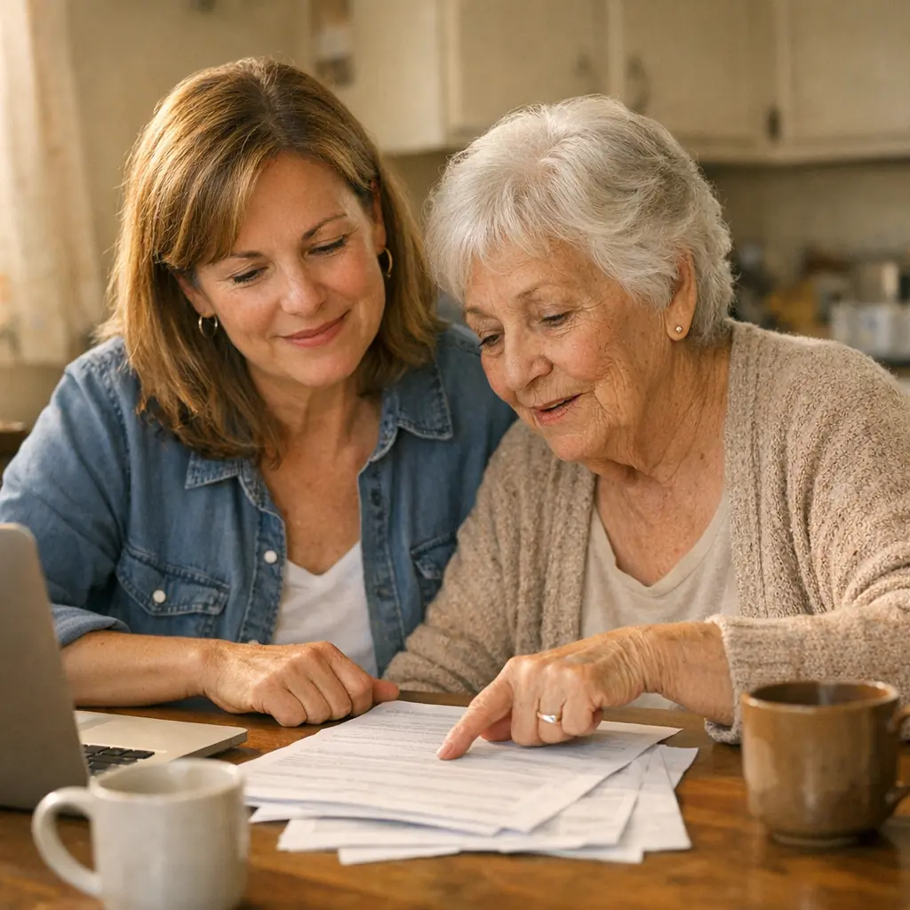 A Bay Area adult daughter and her mother at a kitchen table asking does Medicare cover medical alert systems