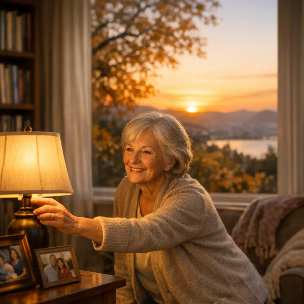 Daylight saving time seniors tip: a Bay Area woman switches on a warm lamp at dusk as autumn light fades outside her window